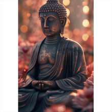 Lade das Bild in den Galerie-Viewer, Spannrahmenbild Buddha Statue mit Blumenarrangement Hochformat
