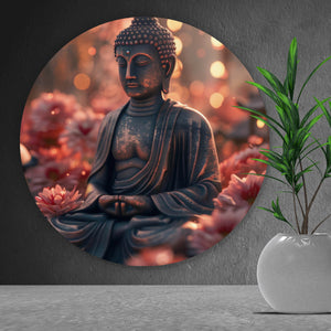 Aluminiumbild Buddha Statue mit Blumenarrangement Kreis
