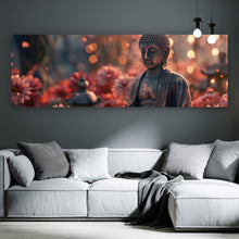 Lade das Bild in den Galerie-Viewer, Spannrahmenbild Buddha Statue mit Blumenarrangement Panorama
