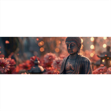 Lade das Bild in den Galerie-Viewer, Acrylglasbild Buddha Statue mit Blumenarrangement Panorama

