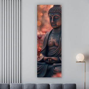 Leinwandbild Buddha Statue mit Blumenarrangement Panorama Hoch