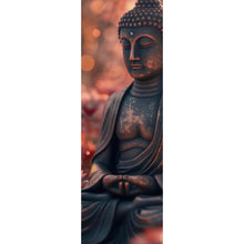 Lade das Bild in den Galerie-Viewer, Leinwandbild Buddha Statue mit Blumenarrangement Panorama Hoch
