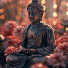 Lade das Bild in den Galerie-Viewer, Aluminiumbild Buddha Statue mit Blumenarrangement Quadrat
