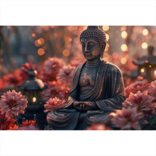 Lade das Bild in den Galerie-Viewer, Poster Buddha Statue mit Blumenarrangement Querformat
