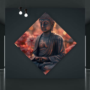 Leinwandbild Buddha Statue mit Blumenarrangement Raute