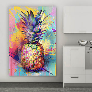 Spannrahmenbild Bunte Ananas mit knalligen Farbspritzer Hintergrund Hochformat