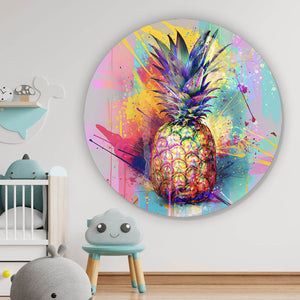 Aluminiumbild Bunte Ananas mit knalligen Farbspritzer Hintergrund Kreis