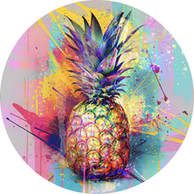 Lade das Bild in den Galerie-Viewer, Aluminiumbild gebürstet Bunte Ananas mit knalligen Farbspritzer Hintergrund Kreis
