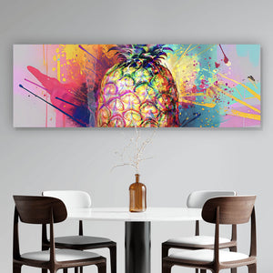 Acrylglasbild Bunte Ananas mit knalligen Farbspritzer Hintergrund Panorama