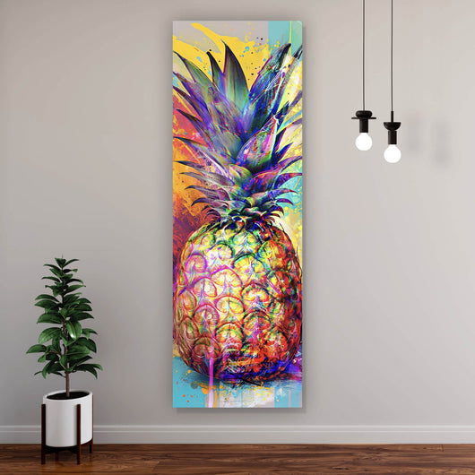 Leinwandbild Bunte Ananas mit knalligen Farbspritzer Hintergrund Panorama Hoch