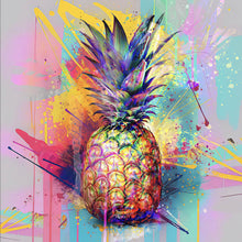 Lade das Bild in den Galerie-Viewer, Spannrahmenbild Bunte Ananas mit knalligen Farbspritzer Hintergrund Quadrat
