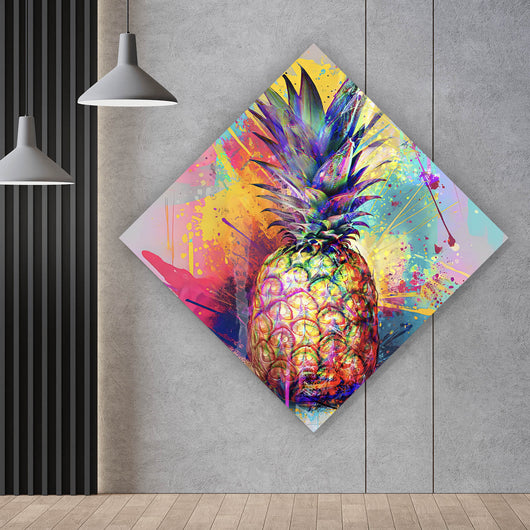 Leinwandbild Bunte Ananas mit knalligen Farbspritzer Hintergrund Raute
