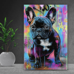 Leinwandbild Bunte Bulldogge vor lebendigem Graffiti Hintergrund Hochformat