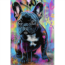 Lade das Bild in den Galerie-Viewer, Spannrahmenbild Bunte Bulldogge vor lebendigem Graffiti Hintergrund Hochformat
