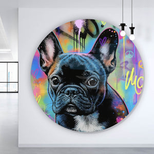 Aluminiumbild gebürstet Bunte Bulldogge vor lebendigem Graffiti Hintergrund Kreis