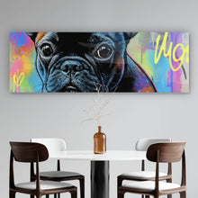 Lade das Bild in den Galerie-Viewer, Aluminiumbild gebürstet Bunte Bulldogge vor lebendigem Graffiti Hintergrund Panorama
