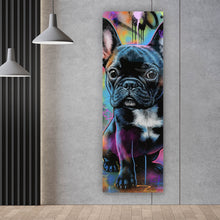 Lade das Bild in den Galerie-Viewer, Aluminiumbild gebürstet Bunte Bulldogge vor lebendigem Graffiti Hintergrund Panorama Hoch
