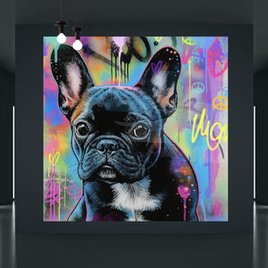 Leinwandbild Bunte Bulldogge vor lebendigem Graffiti Hintergrund Quadrat