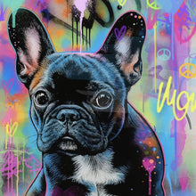 Lade das Bild in den Galerie-Viewer, Aluminiumbild Bunte Bulldogge vor lebendigem Graffiti Hintergrund Quadrat
