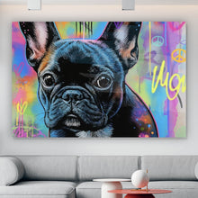 Lade das Bild in den Galerie-Viewer, Leinwandbild Bunte Bulldogge vor lebendigem Graffiti Hintergrund Querformat
