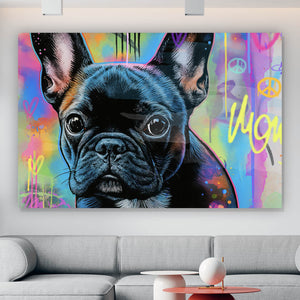 Leinwandbild Bunte Bulldogge vor lebendigem Graffiti Hintergrund Querformat
