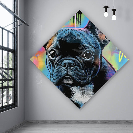 Leinwandbild Bunte Bulldogge vor lebendigem Graffiti Hintergrund Raute