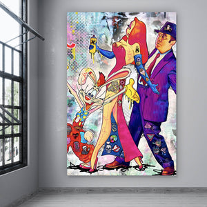 Leinwandbild Bunte Collage mit Comicfiguren Roger Hochformat