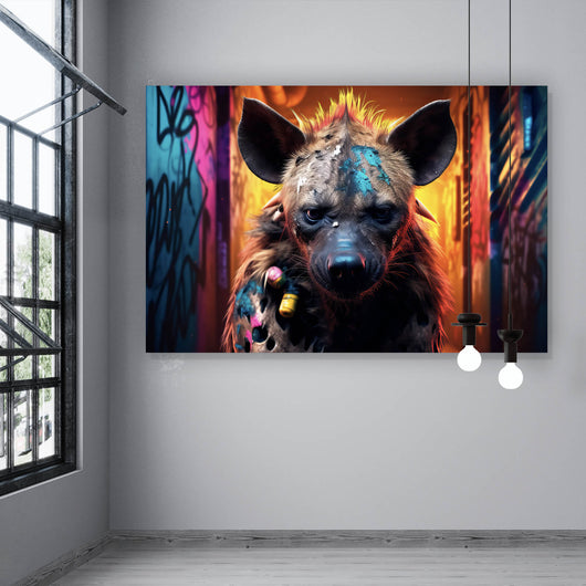 Aluminiumbild gebürstet Bunte Hyäne im Street Art Stil Querformat