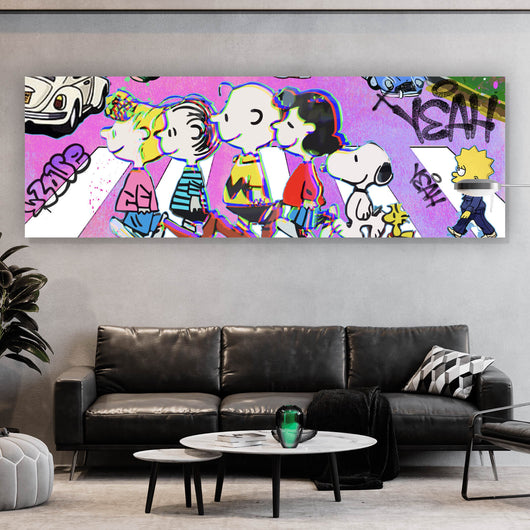 Leinwandbild Bunte Zeichentrickfiguren vor Graffitiwand Panorama