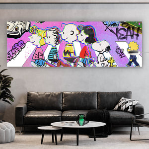 Acrylglasbild Bunte Zeichentrickfiguren vor Graffitiwand Panorama