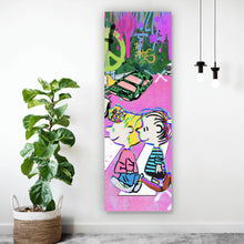 Lade das Bild in den Galerie-Viewer, Acrylglasbild Bunte Zeichentrickfiguren vor Graffitiwand Panorama Hoch
