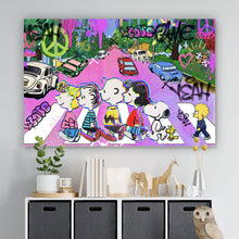 Lade das Bild in den Galerie-Viewer, Acrylglasbild Bunte Zeichentrickfiguren vor Graffitiwand Querformat
