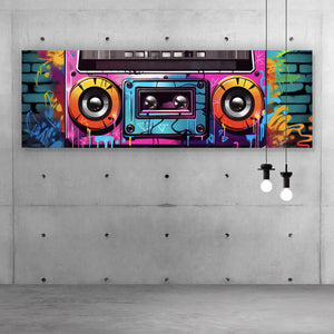 Acrylglasbild Bunter Rekorder Ghettoblaster vor Graffiti Wand Panorama