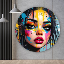 Lade das Bild in den Galerie-Viewer, Aluminiumbild gebürstet Buntes Gesicht einer Frau Modern Art Kreis
