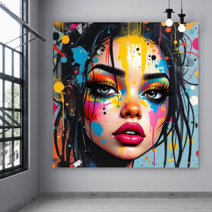 Aluminiumbild Buntes Gesicht einer Frau Modern Art Quadrat