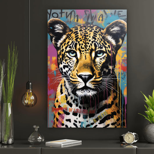 Spannrahmenbild Buntes Graffiti eines Leoparden Portrait Hochformat