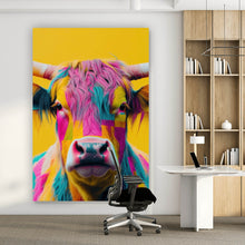 Lade das Bild in den Galerie-Viewer, Acrylglasbild Buntes modernes Hochlandrind vor gelben Hintergrund Hochformat
