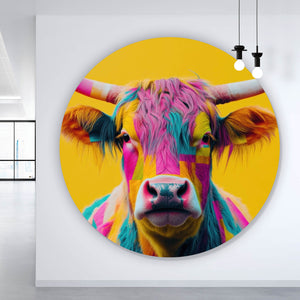 Aluminiumbild Buntes modernes Hochlandrind vor gelben Hintergrund Kreis