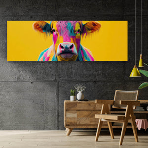 Acrylglasbild Buntes modernes Hochlandrind vor gelben Hintergrund Panorama