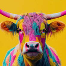 Lade das Bild in den Galerie-Viewer, Acrylglasbild Buntes modernes Hochlandrind vor gelben Hintergrund Quadrat
