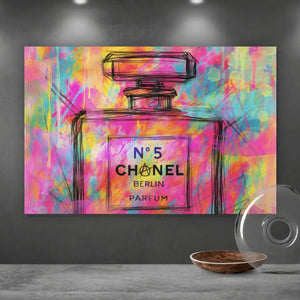 Acrylglasbild Parfum vor farbenfrohem Hintergrund Querformat