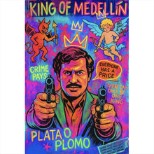 Lade das Bild in den Galerie-Viewer, Aluminiumbild gebürstet Buntes Pop Art Wandbild mit ikonischer Figur Hochformat
