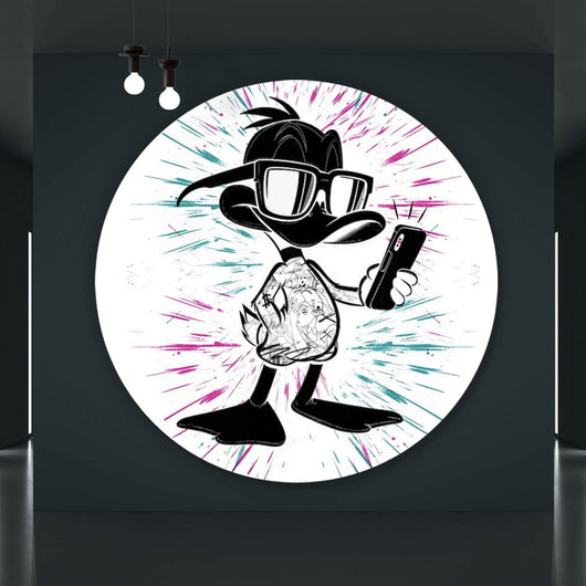 Aluminiumbild Cartoon Ente mit Smartphone Kreis