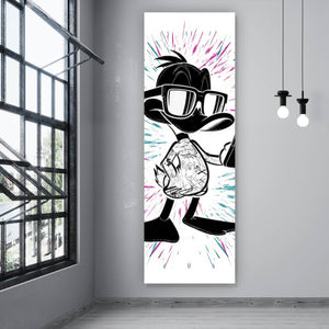 Leinwandbild Cartoon Ente mit Smartphone Panorama Hoch