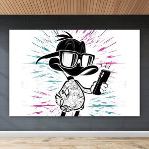 Leinwandbild Cartoon Ente mit Smartphone Querformat