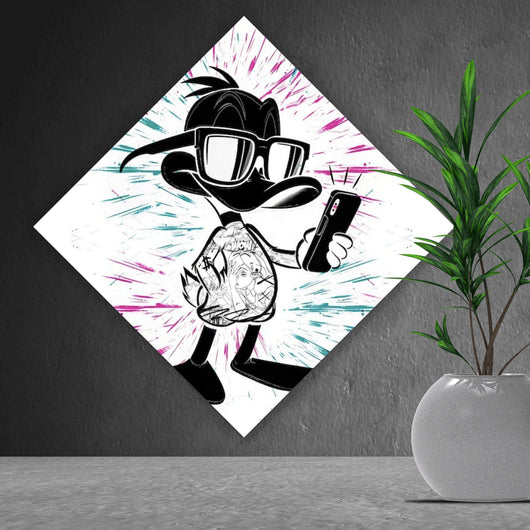 Leinwandbild Cartoon Ente mit Smartphone Raute