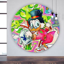 Lade das Bild in den Galerie-Viewer, Aluminiumbild gebürstet Cartoon Entenmotiv mit Dollarzeichen Kreis

