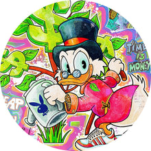 Lade das Bild in den Galerie-Viewer, Aluminiumbild Cartoon Entenmotiv mit Dollarzeichen Kreis
