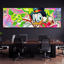 Lade das Bild in den Galerie-Viewer, Aluminiumbild gebürstet Cartoon Entenmotiv mit Dollarzeichen Panorama
