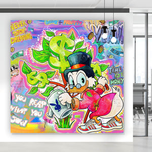 Poster Cartoon Entenmotiv mit Dollarzeichen Quadrat